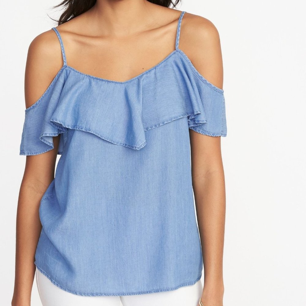 Old Navy Blue Chambray Ruffle Blouse